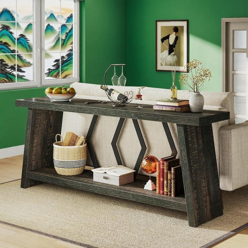 Double Decker Sofa Table with Wood Top and Metal Frame 2 Tier Console Entryway Hallway Display Table - 70.86" x 11.81" x 31.50"