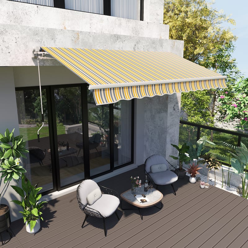 Outsunny 12' x 10' Retractable Awning Patio Awnings Sun Shade Shelter with Manual Crank Handle, 280g/m² UV - Yellow & Grey