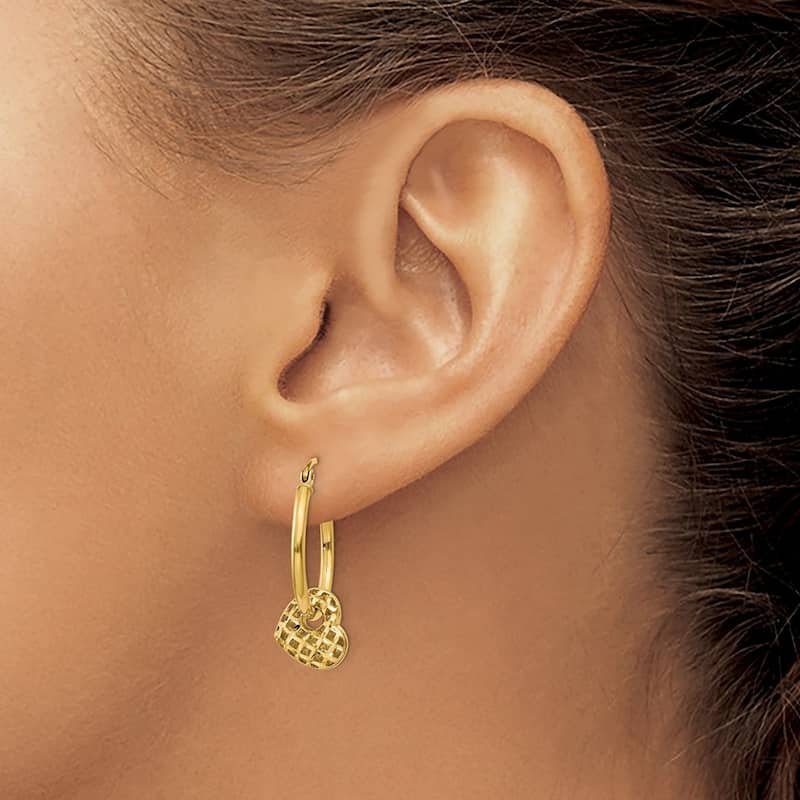 Curata 14k Yellow Gold Polished 2x23mm Moveable Heart Hoop Earrings