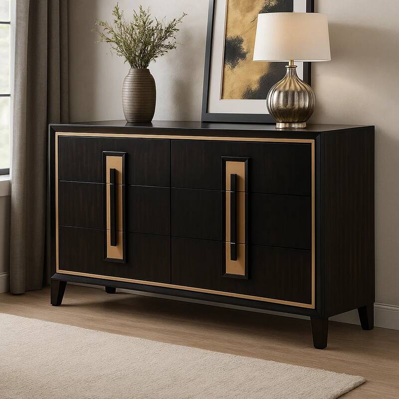 Yada Wide Dresser, 6 Drawers, Espresso Brown Solid Wood, Gold Metal