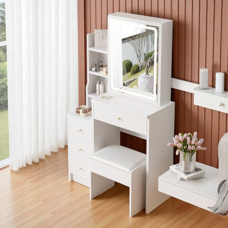 29.2" Small Vanity Table with LED Sliding Mirror, Cushioned Stool, Touch Light and Storage Cabinet
