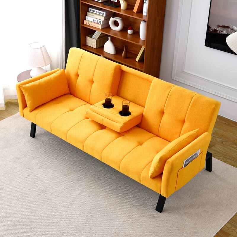 Cotton Linen Fabric Loveseat Sofa Sleeper Sofa Bed for Small Space with Center Table, Cup Holders, Pillows and Side Pockets