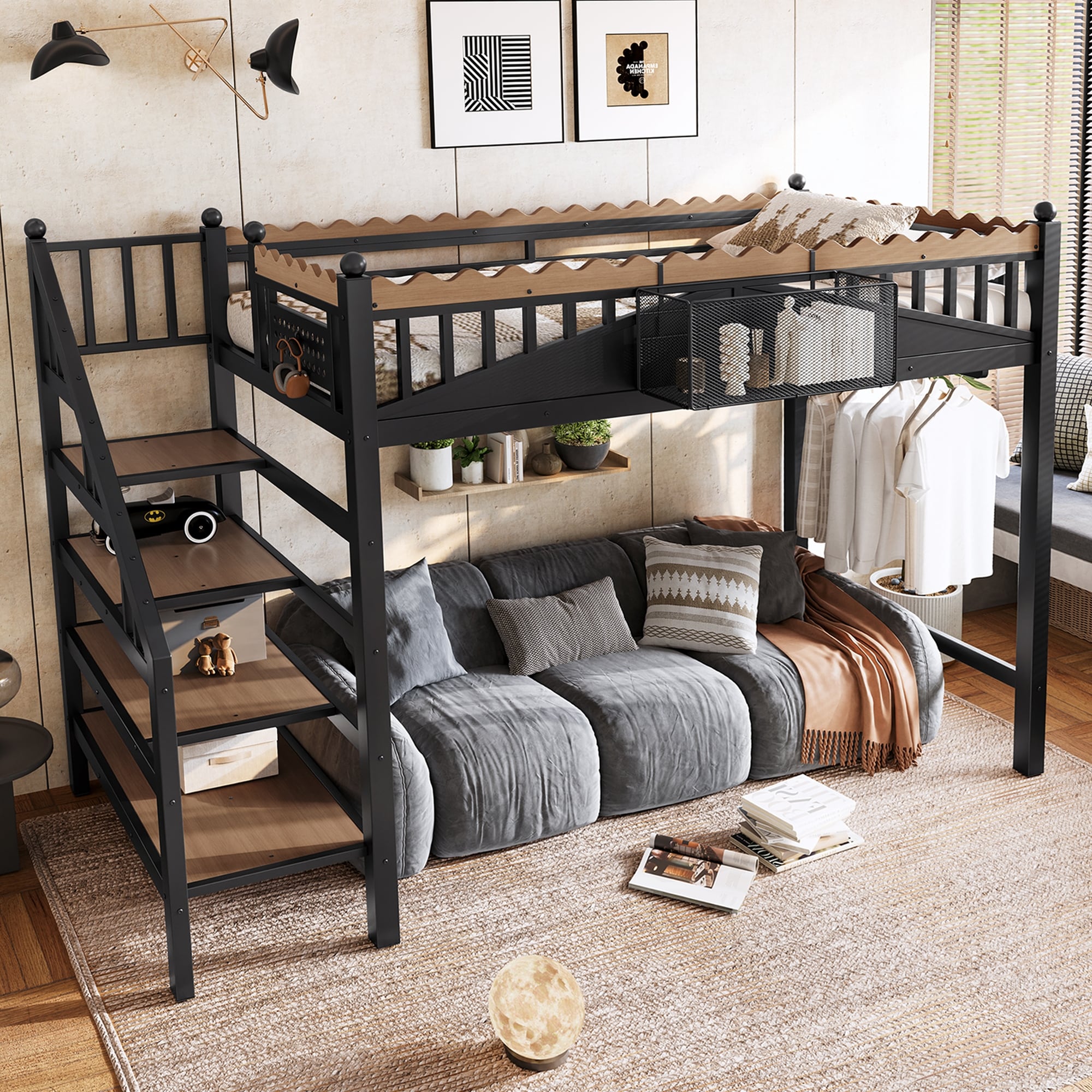 Roomfitters Metal Loft Bed, L-Shaped Desk, Charging Station & Storage Basket, Modern Black High Bed & Pegboard