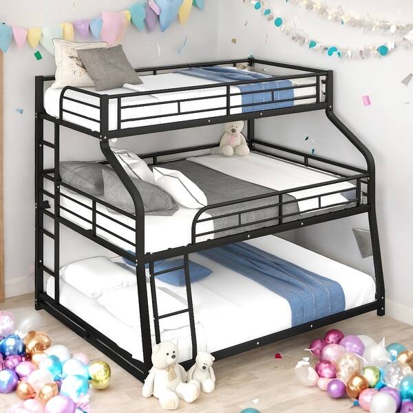 slide 2 of 20, Twin XL/Full XL/Queen Triple Bunk Bed with Ladder & Guardrails,Black Black