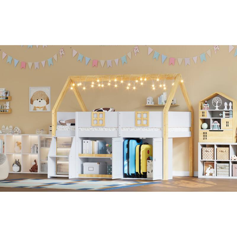 Roomfitters Twin/Full Low Loft Bed with LED Lights, Storage Staircase and Cabinets