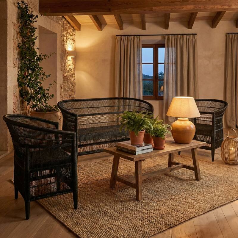 Handwoven Natural Rattan 3-Piece Indoor Seating Set with 2 Chairs and 3-Seater Settee, Solid Wood Frame, Boho Coastal Farmhouse - Black