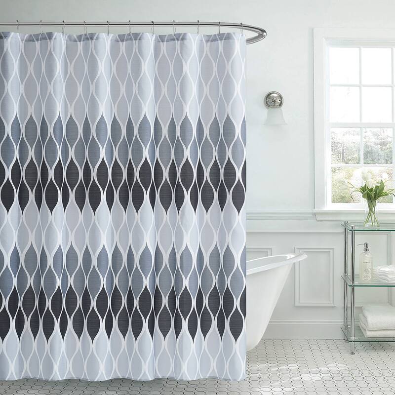 Clarisse Faux Linen Textured Shower Curtain with 12 Metal Rings - Black/Grey