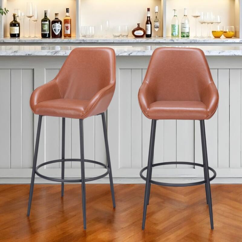 Set of 2 Faux Leather Bar Stools with Armrests and Steel Frame - Brown-Black-30-Inch