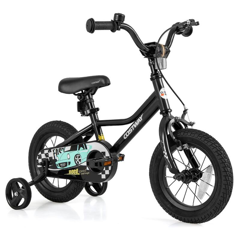 Black Kids Adjustable Bike with Training Wheels and Enclosed Chain Guard Dual Brake System