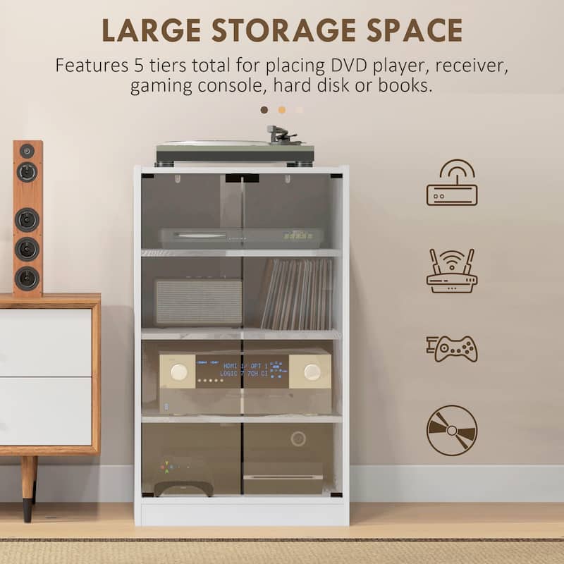 HOMCOM Media Cabinet, 4-Tier Stereo Cabinet, Modern Audio Video Media Stand with Adjustable Shelves, Tempered Glass Doors