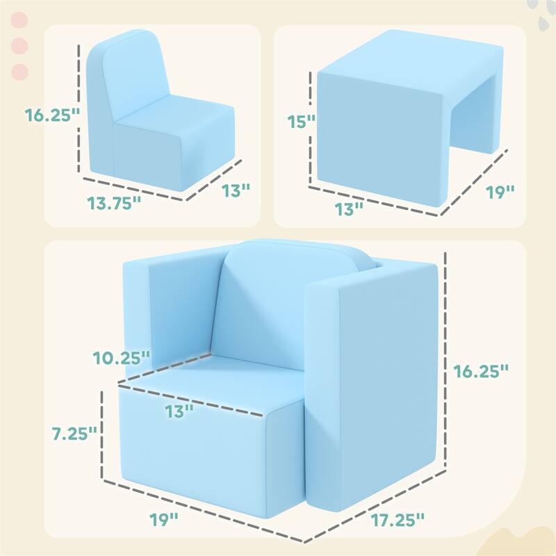 2-in-1 Kids Convertible Table and Chair Set Light Blue Foam Armchair Activity Furniture for Toddlers - 18.9"L x 13"W x 15"H