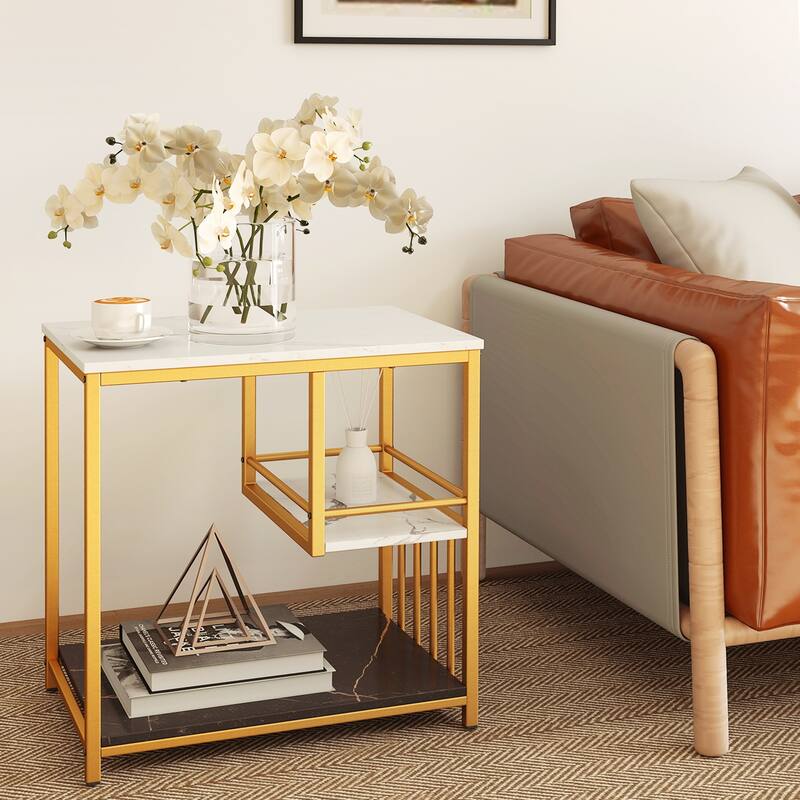 Modern Marble and Gold Side Table with 3-Tier Storage Shelves for Living Room or Bedroom Use - 23.5" x 15.5" x 24" (L x W x H)