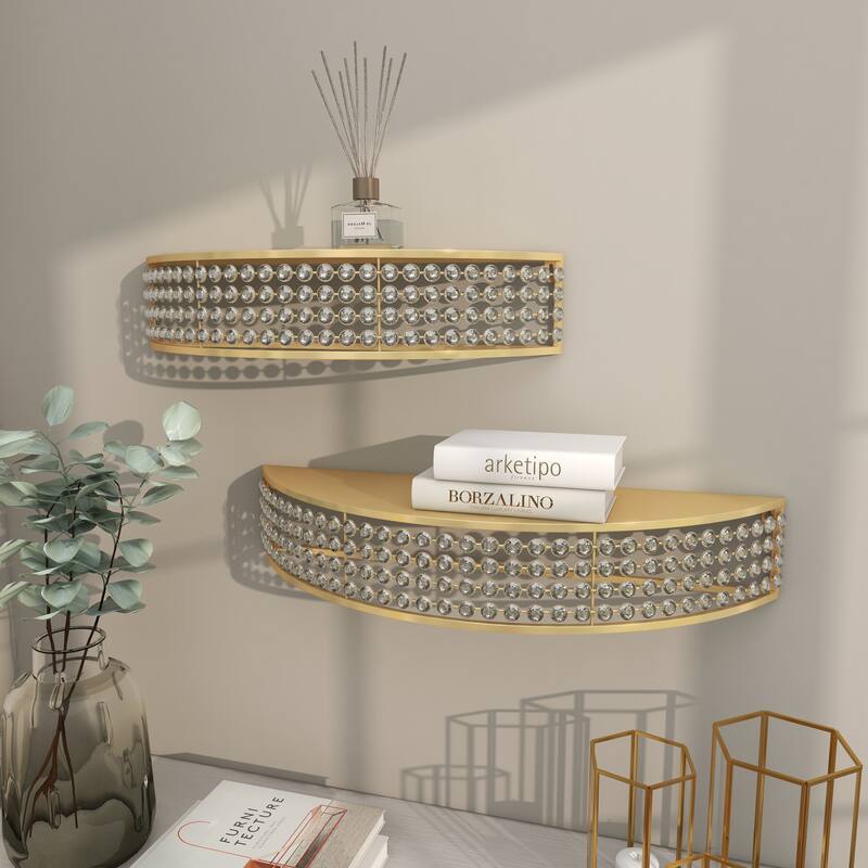 Gold Metal Half-Moon Wall Shelf with Crystal Embellishments (Set of 2)
