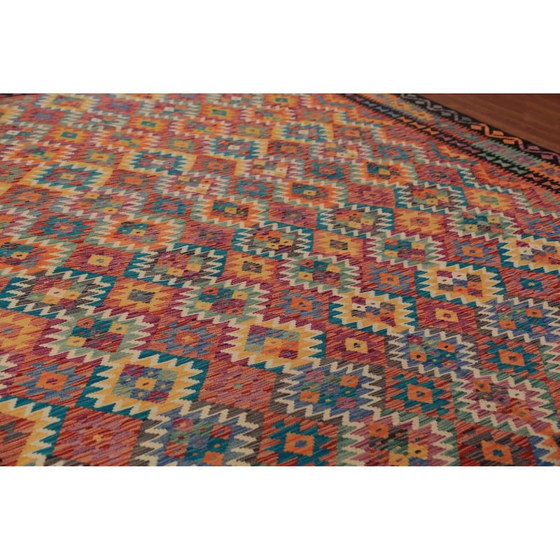 All-Over Trellis Kilim Oriental Area Rug Hand-Woven Wool Carpet - 9'10"x 12'11"