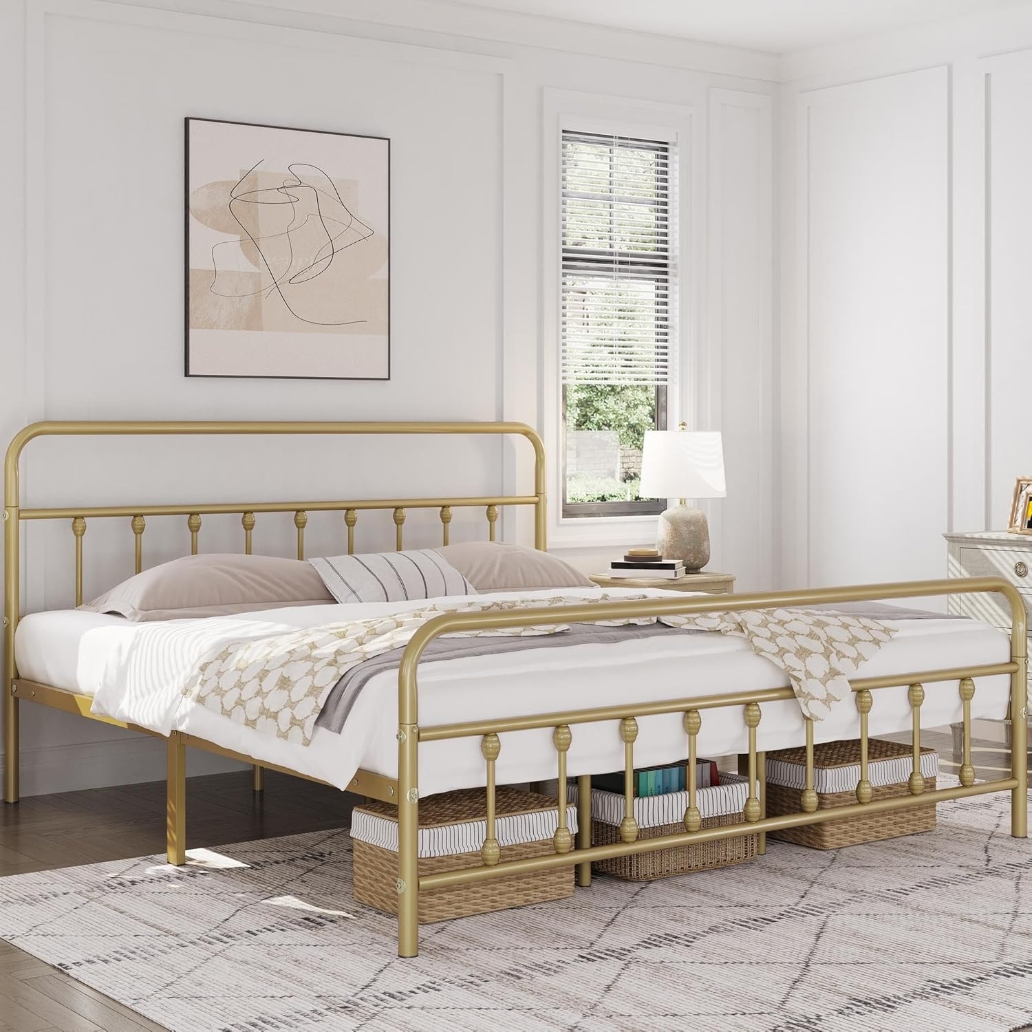 King Size Victorian Style Metal Bed Frame with Headboard, Under Bed Storage, No Box Spring Needed, Antique Gold Finish