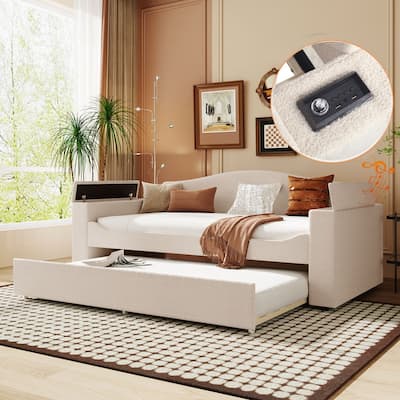 Twin Size Upholstered Daybed with Storage Armrests, Trundle and Bluetooth Audio System