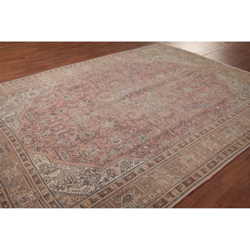 Pink Geometric Mashad Persian Vintage Area Rug Handmade Wool Carpet - 8'1"x 11'1"