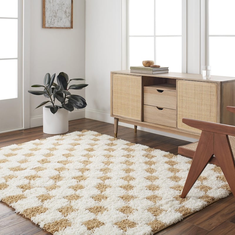 Livabliss Sibari Modern Checkered Plush Area Rug - 7' 10" x 10' 2" - Cream/Mustard