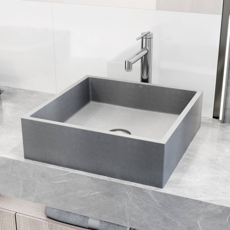 VIGO Alhambra 15"L x 15"W Concrete Vessel Sink and Sterling 11"H Faucet Set - Chrome