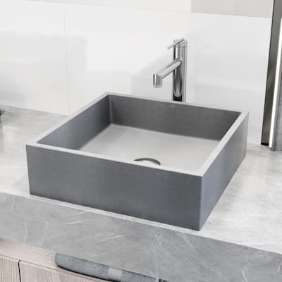 VIGO Alhambra 15"L x 15"W Concrete Vessel Sink and Sterling 11"H Faucet Set