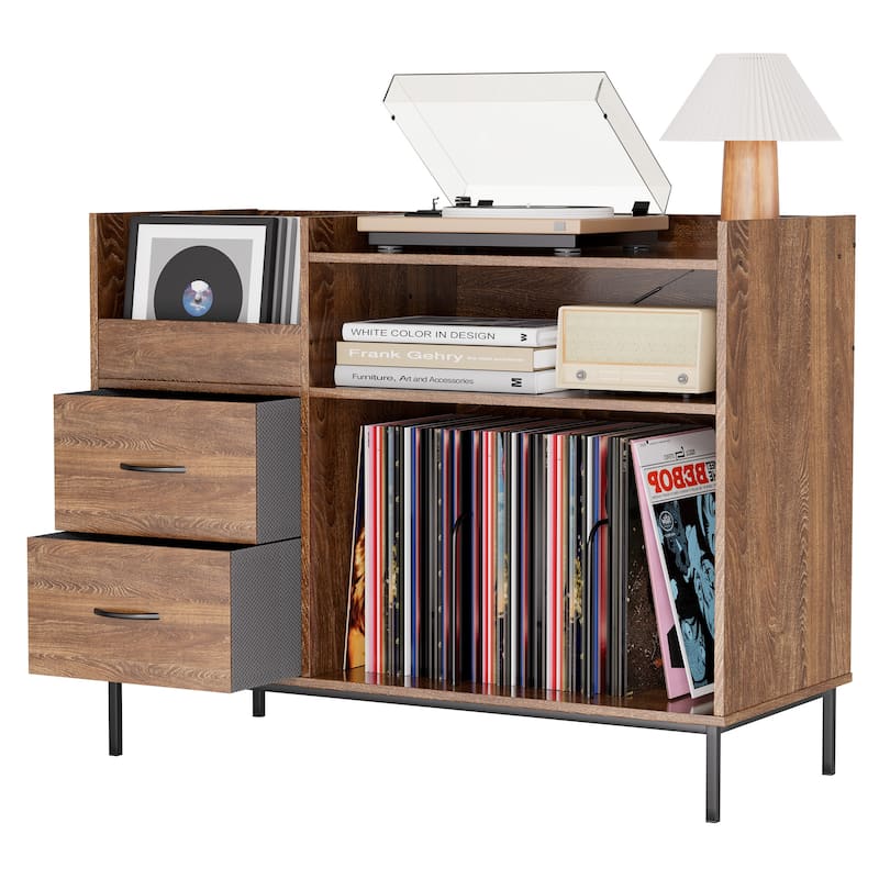 Mid-Century Modern Record Player Stand for 500+ Vinyls - Wood & Metal Audio Console with Storage & Drawers
