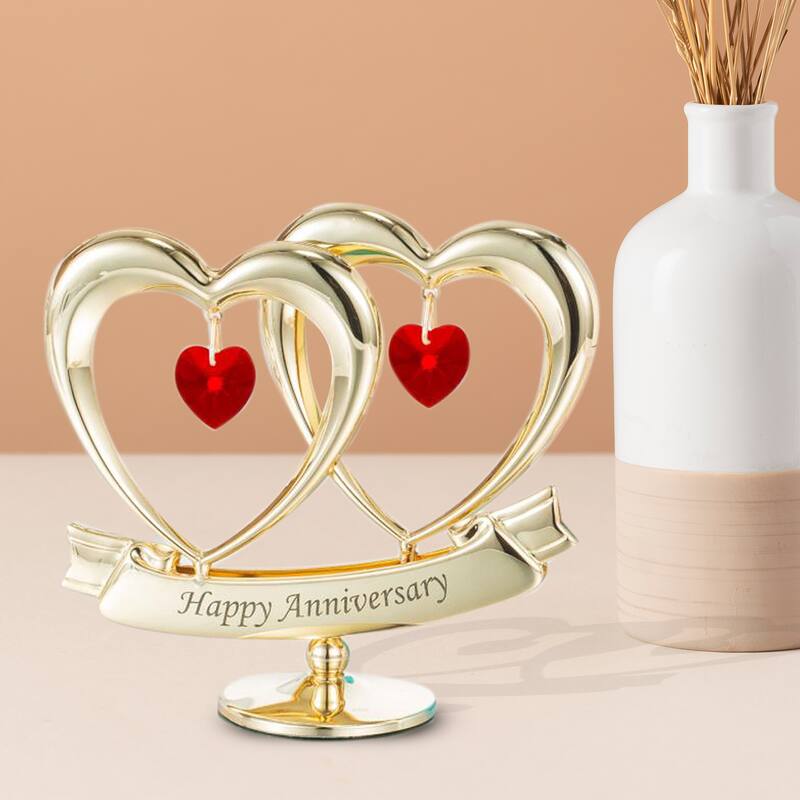 Matashi Gold plated Red Crystal Happy Anniversary Double Heart Tabletop Ornament