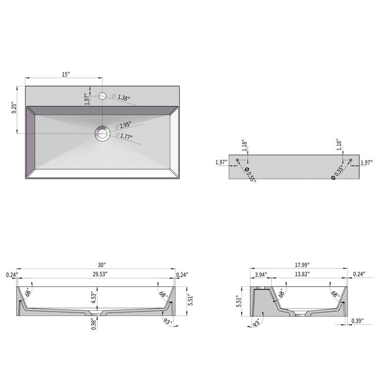 30x18 Inch Matte White Rectangular Wall-Mount Vessel Sink