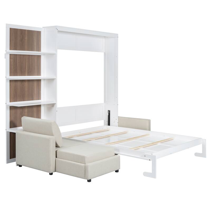 Roomfitters Queen Size Murphy Bed with Sofa and Shelves, Convertible Wall Bed for Living Room or Studio