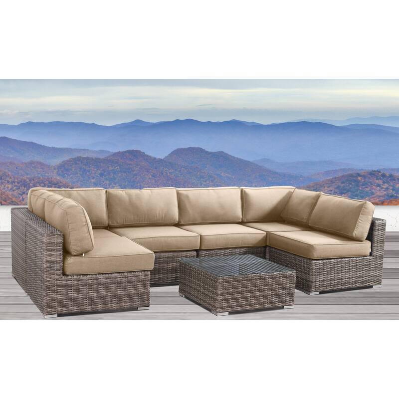 Resort Grade Set 7 Piece Rattan Sunbrella Sectional Seating Group - Beige