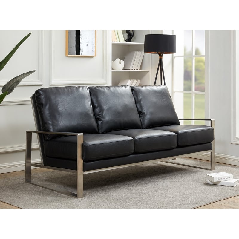 Jefferson 3 Seater Leather Sofa in Brushed Silver Stainless Steel Frame with Pocket Spring Couch for Living Room Office Lounge