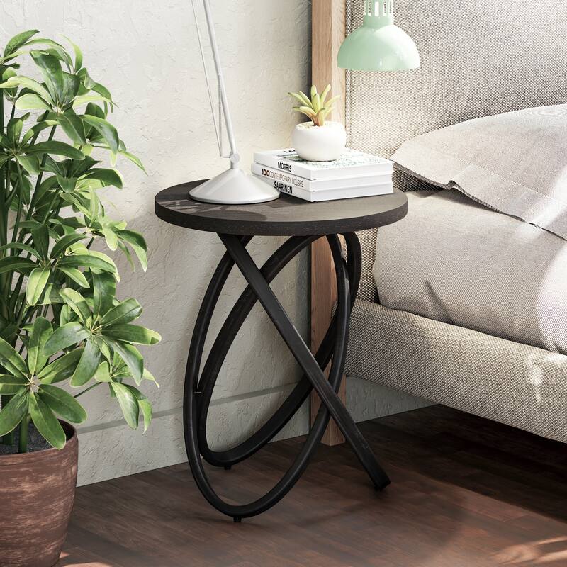 COZAYH Farmhouse End Table Round Wood Side Table Rustic Plant Stand With Intertwined Line Design
