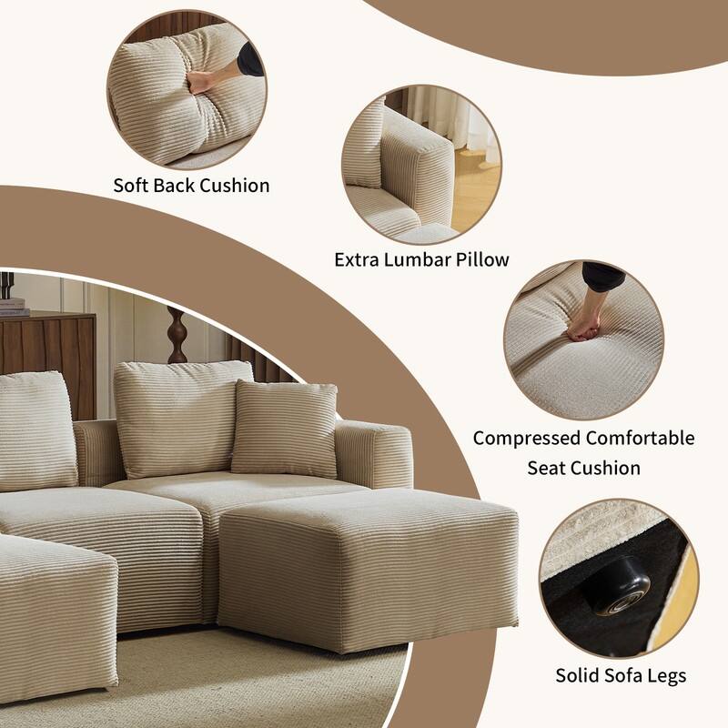 112.2‘’ W Corduroy Modern Compressed Block Sectional Couch with Plush Cushions