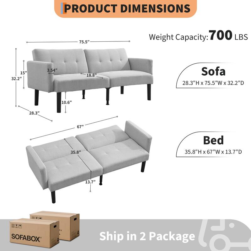 Convertible Futon Sofa Bed, 75.5” Linen Flannel Loveseat Couch Bed With Wood Legs