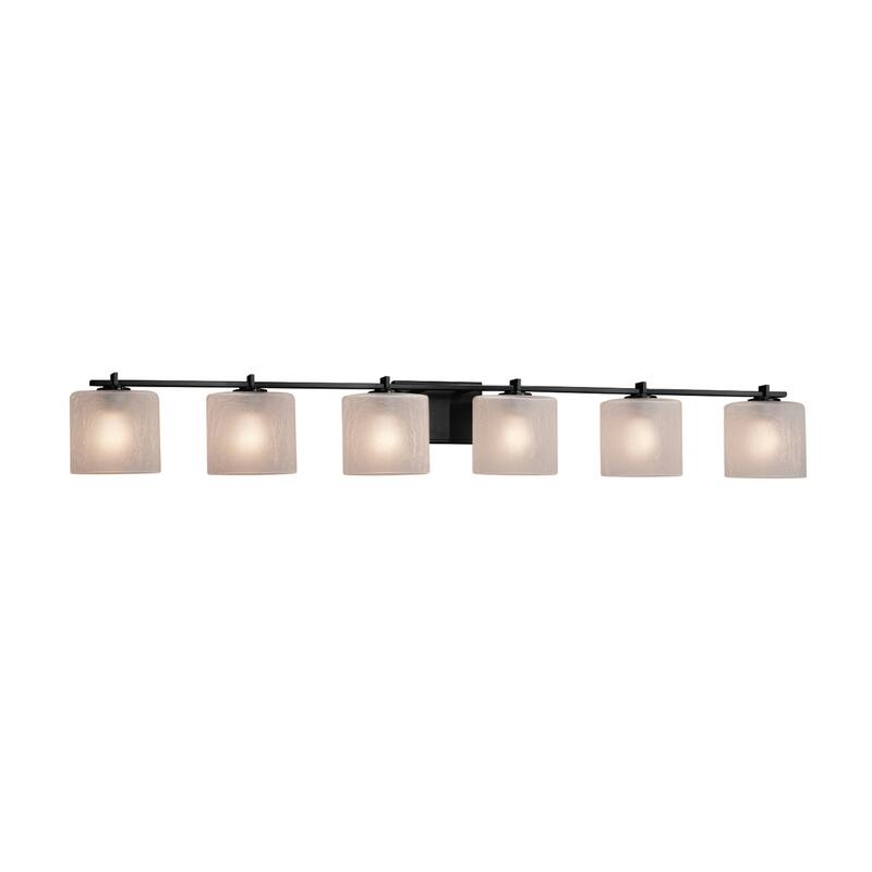 Justice Design Fusion Era 6-light Matte Black Bath Bar, Frosted Crackle Oval Shade