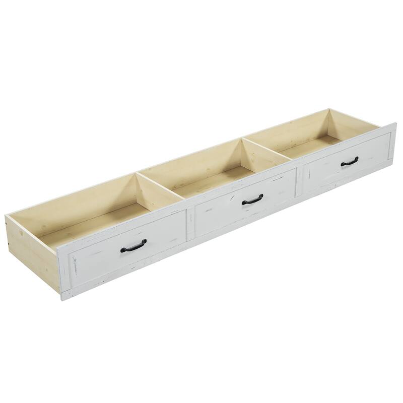 White Distressed Platform Bed Frame Wood Panel Bed w/ 3 Storage Drawers