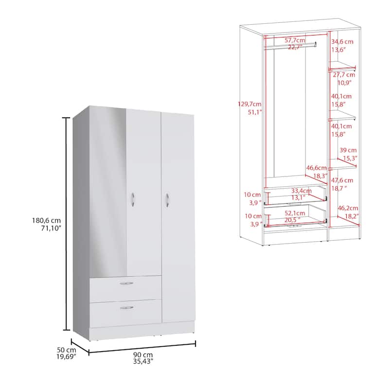 Riverside 3 Door Mirrored Armoire with Two Drawers, Four Shelves - N/A