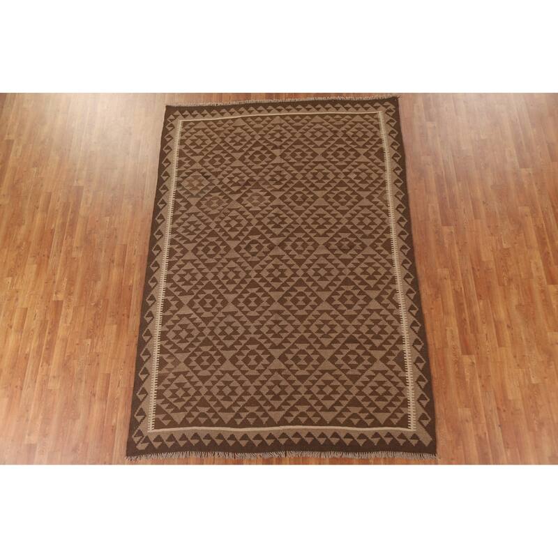 Brown Kilim Reversible Area Rug Hand-woven Wool Carpet - 6'5" x 9'5"