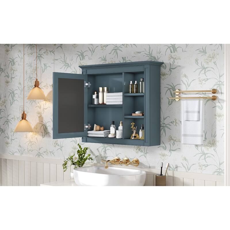 Roomfitters 30x28 Inch Medicine Cabinet, Wall Mounted Mirror Cabinet with 3 Open Shelves & Adjustable Interior Storage, Blue