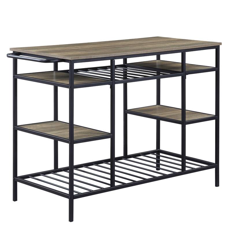 Modern Rustic Kitchen Island with 6 Storage Compartments, Black Metal Frame & Oak Veneer Top - 47 Inch