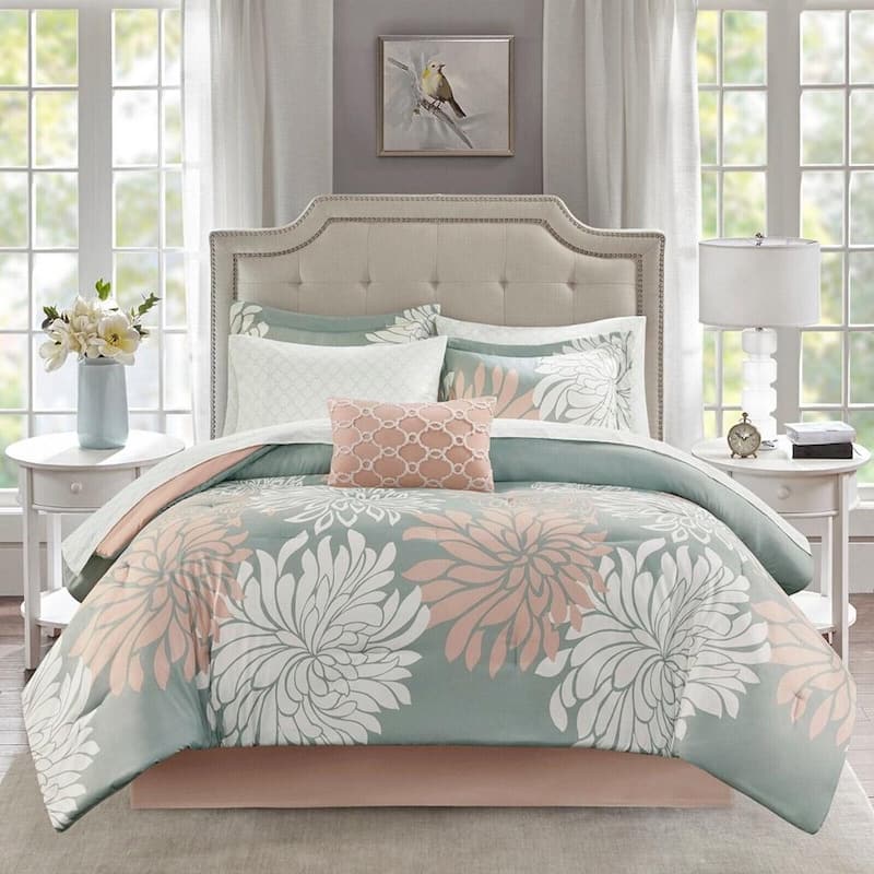 Queen Size Comforter Set with Cotton Bed Sheets Blush/Grey - Bed Bath ...