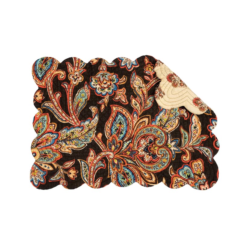 Dorothy Autumnal Brown Quilted Scalloped Paisley Floral Placemats Set of 6, 13" x 19"