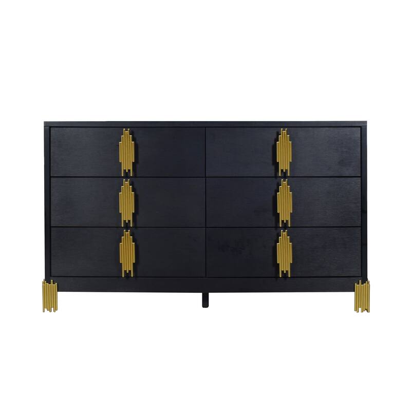 Theo Wide Dresser, 6 Drawers, Retro Style Gold Handles, Black 59 Inch