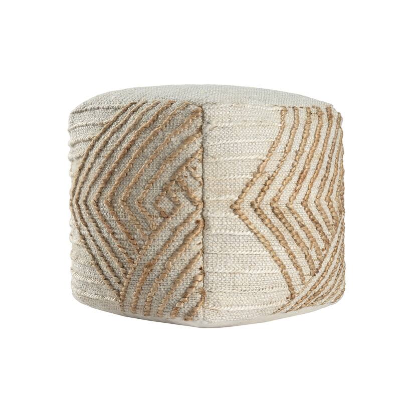 HomeRoots 18" Natural and Off White Cotton Jute And Wool Geometric Cube Pouf Ottoman