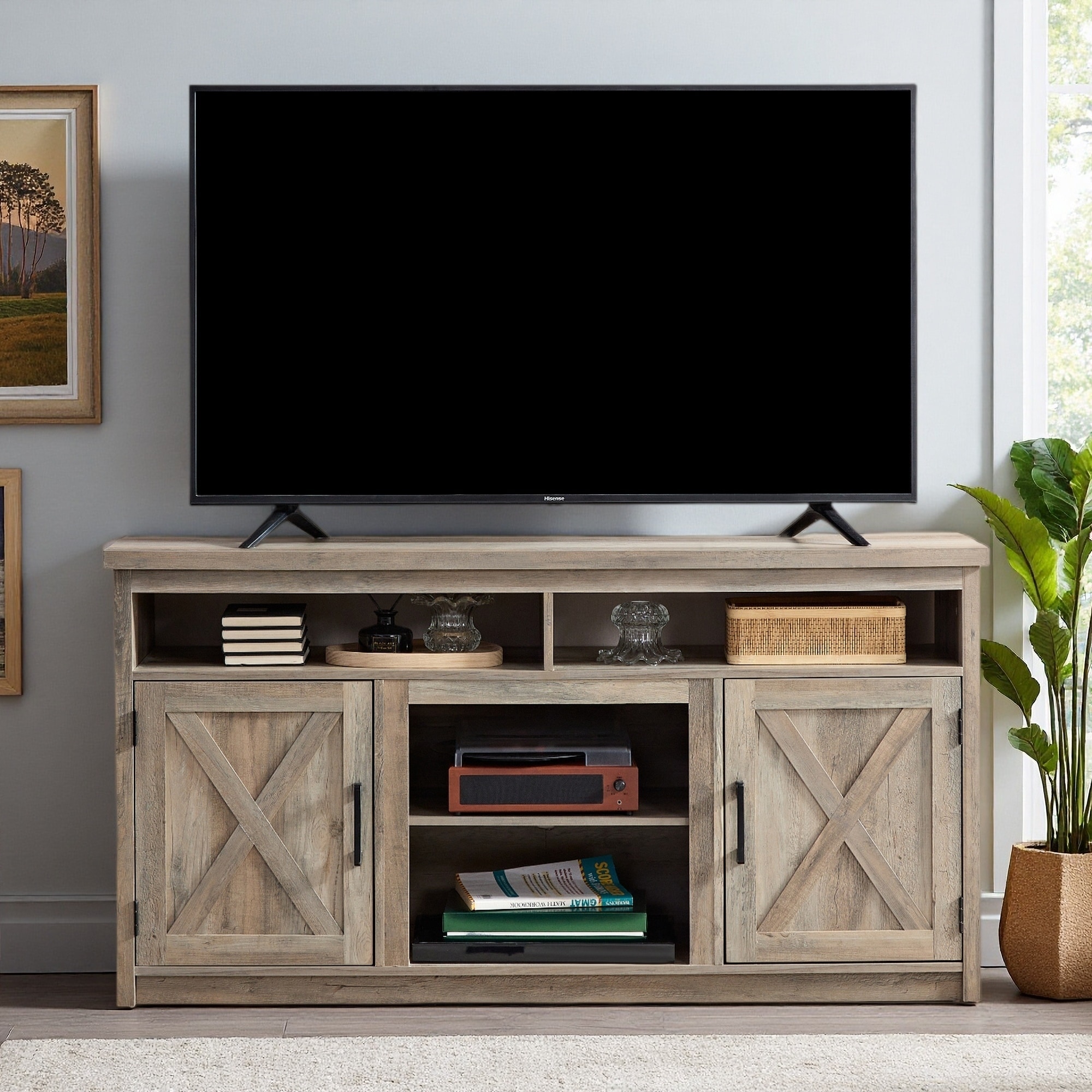 57.87" Farmhouse Barn Door TV Media Stand with Open & Closed Storage
