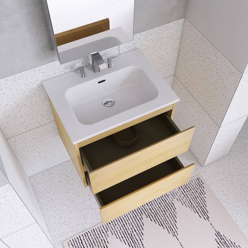 Floating Integrated Bathroom Vanity with Ceramic Sink, Three Faucet Holes