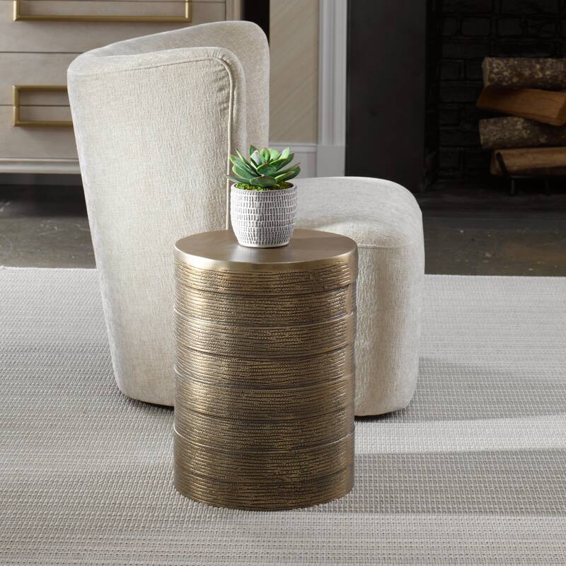 Cylindrical Round Top Accent Side Table - 17" - Brass Finish