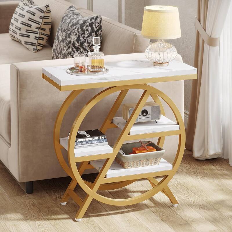 25.59" 3-Tier Narrow End Table with Storage (White & Gold)