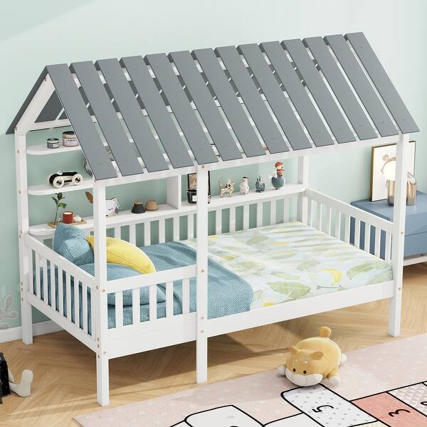 slide 2 of 9, Twin Size Kids House Bed with Roof, Guardrail and Storage Shelves, Funny Wood Platform Bed Frame Twin