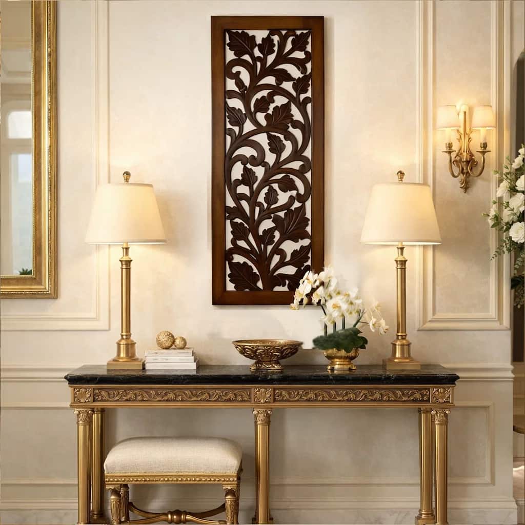 Mango Wood Wall Panel Hand Crafted with Leaves and Scroll Work Motif, Brown