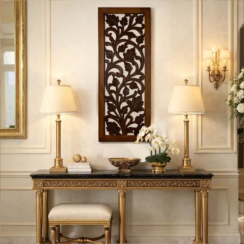 Mango Wood Wall Panel Hand Crafted with Leaves and Scroll Work Motif, Brown - Brown